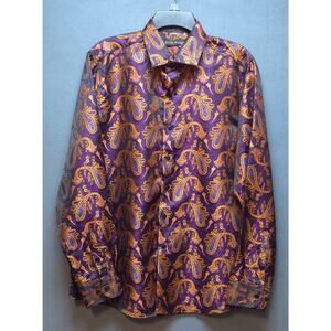 Barry Wang Shirt Men Large Blue Paisley Silk Blend Button Down Dress Long Sleeve